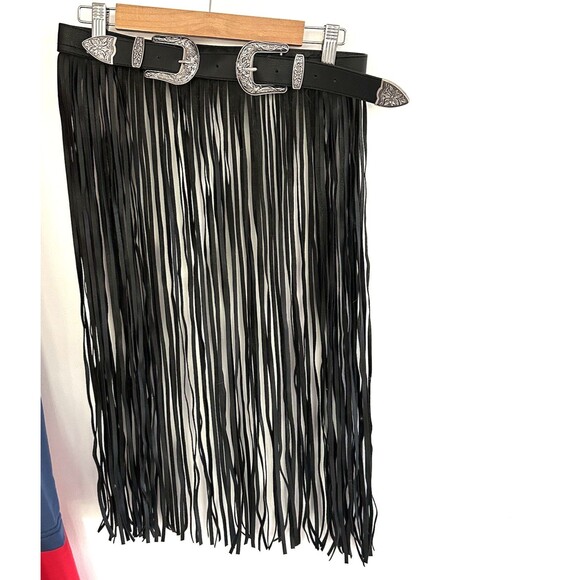 Double Buckle Fringe Belt Black Long Western Festival Boho Coachella - Picture 1 of 9